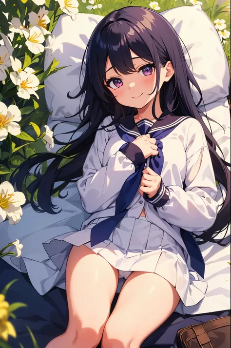 rape blossom field　elementary school girl　8-year-old　flat chest　black hair　long hair　eyes are purple　smile（（1 person））　Upper body white long sleeve blouse　Lower body navy blue miniskirt　white panties　rape blossom fieldで寝転がっている　spread your legs a little（（I ...