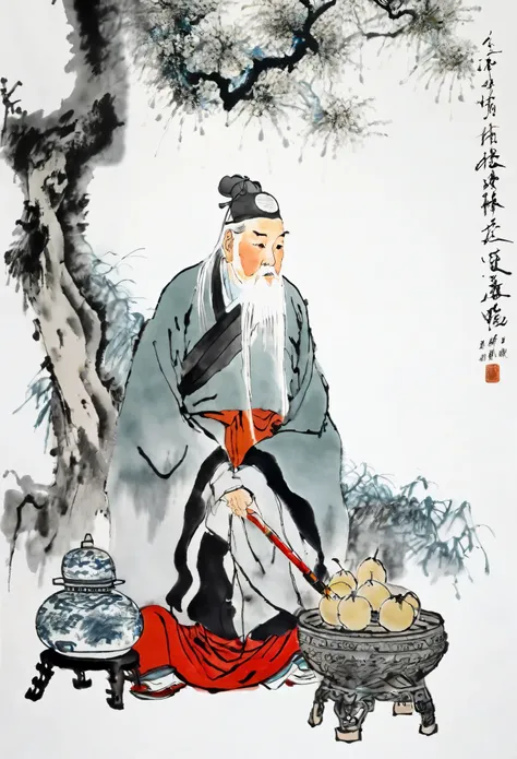 (best quality,masterpiece:1.2),perfectly detailed face,sitting under a tree,a white-haired old man,medicine gourd,chinese scener...