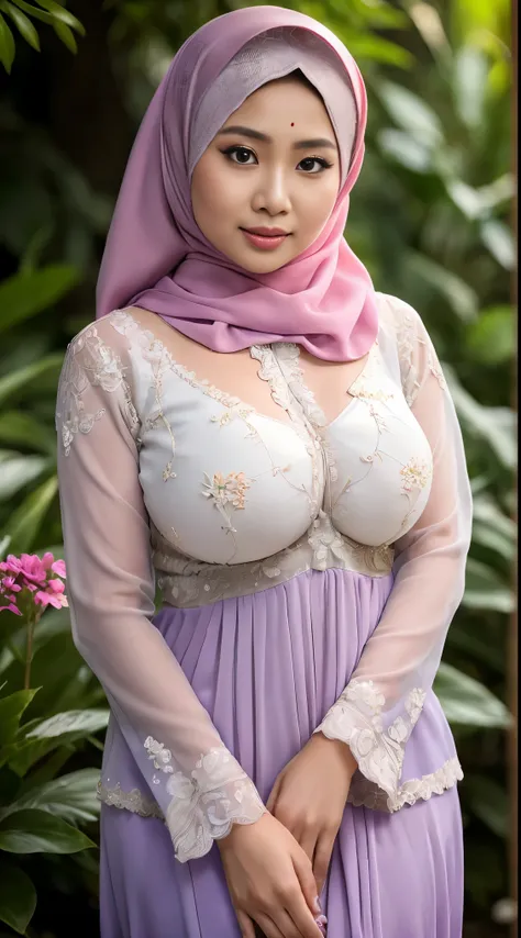 raw, best quality, high resolution, masterpiece: 1.3), beautiful javanese woman in hijab, masterpiece, perfect slim body, (big b...