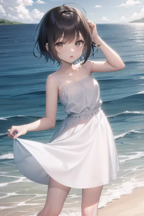 Adult tomboy with short hair, white clothes ,sea backdrop