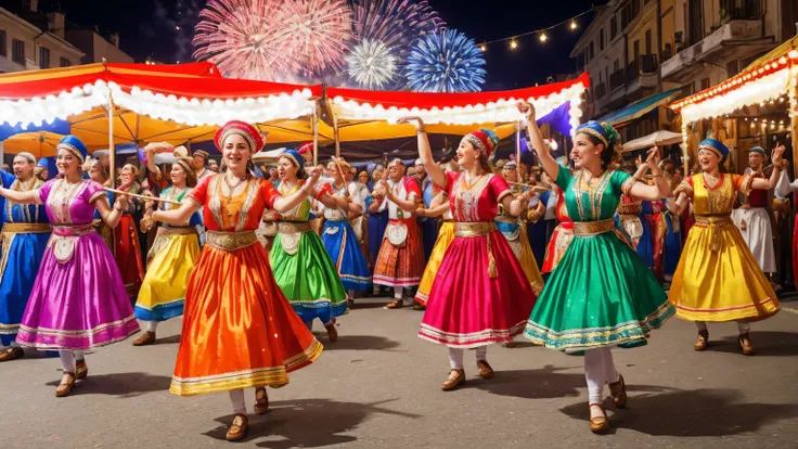 melhor qualidade,ultra-detalhado,colorida,bright lighting,folk music festival,energetic atmosphere,happy crowd,Fantasias tradicionais,Dancing and singing,instrumentos de sopro,lively dance performance,fireworks,barracas de comida de rua,mercado movimentado...