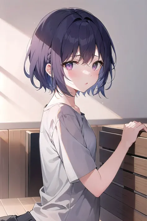 short hair tomboy, Grey shirt, purple hair