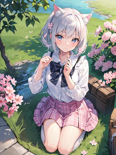 ((masterpiece)), (highest quality), (super detailed), (beautiful illustrations), outdoors, flower garden, cherry blossoms, tsutsukakushi tsukiko,gray hair,short hair,aqua eye,side ponytail,school uniform,white shirt,Pink plaid skirt,black legwear, alone, C...