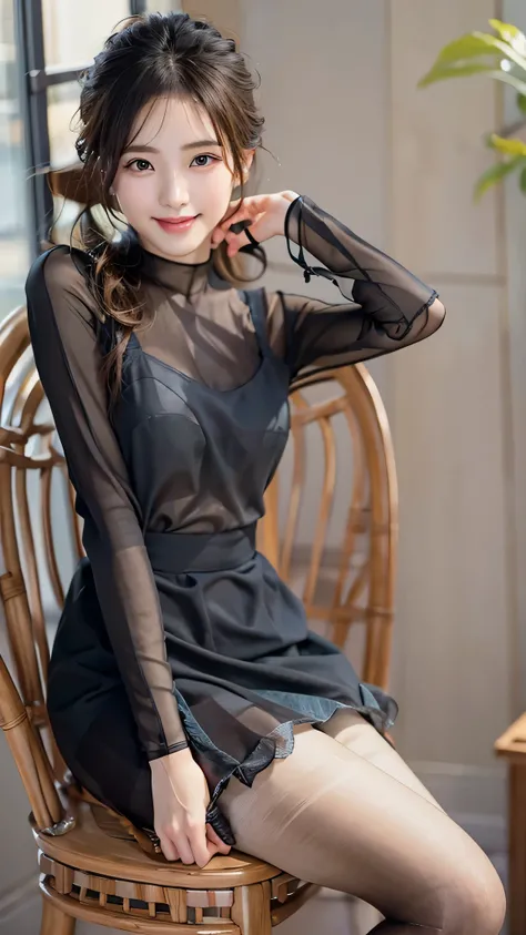 elegant woman sitting on a chair, amazingly cute face、popular makeup、korean female fashion model, (super realistic pantyhose:1.5)、black stockings、cute one piece、very beautiful legs, Cute elegant pose, korean girl, very beautiful long legs, pretty face with...