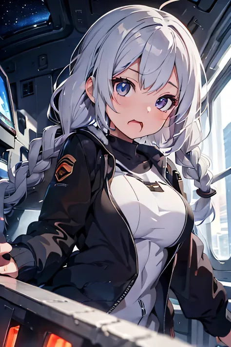 i&#39;m rooting for you, mouth open, silver hair, braid, big breasts, pilot suit, universe, anime style illustration, highest qu...