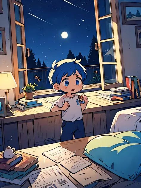 A scared and anxious three-year-old boy，blue hair，Curious, big eyes，in his cozy room at night, Moonlight shone through the windows