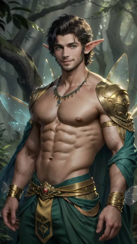 ((best quality)), ((masterpiece)), (detailed), perfect face,Male Body,Perfect Body,Body,Sixpack,perfect Abs,Whole Body,Male face,Whole Body,King,Golden outfits,black hair,shirtless,handsome,arms muscle,Using power,green eyes,powerful man, Golden loincloth,...