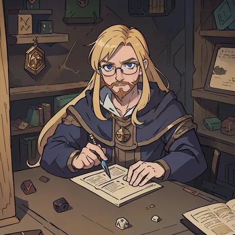 (((masterpiece))), (((best quality))), illustration, single character, game character, rpg character, male blonde dungeon master with long hair beard and glasses, tabletop rpg, d&d, d20, dungeon master rolling dices on a table, tabletop game, evil dungeon ...