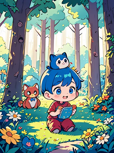 (best quality,4k,8k,high resolution,masterpiece:1.2),Super detailed,actual,Beautiful three-year-old boy with blue hair and big eyes,long eyelashes,holding one "Dream Cat" plush toys. this plush toys is soft and filled with a pocketful of colorful dreams. M...