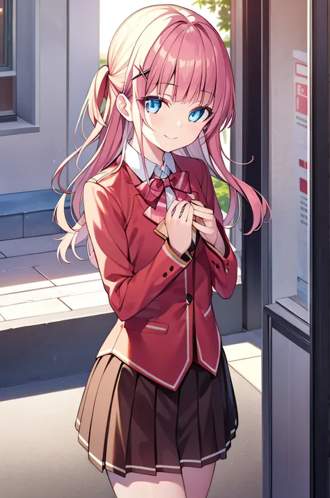 detectivelunch break, Smile, long hair, Bangs, blue eyes, shirt, hair accessories, long sleeves, skirt, bow, pink hair, hairpin, blunt Bangs, bowtie, red bow, x hair accessories, red bowtie, lunch break, (medium chest:1.2), rest looking at viewer, rest out...