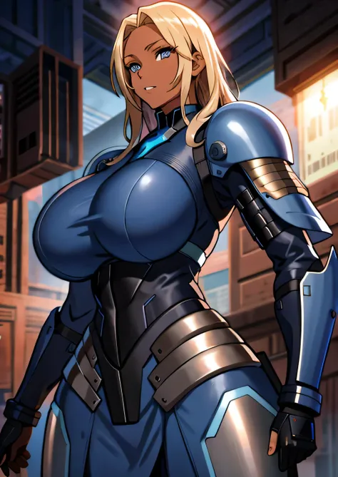 black sci-fi armor, long blonde hair, colored skin, brown skin, blue eyes, gigantic breasts, black pistol, solo, standing, upper...