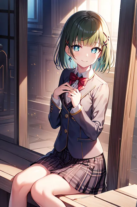 detectivelunch break, Smile, short hair, Bangs, blue eyes, shirt, hair accessories, long sleeves, skirt, bow, green hair, hairpin, blunt Bangs, bowtie, red bow, x hair accessories, red bowtie, lunch break, (medium chest:1.2), rest looking at viewer, rest o...