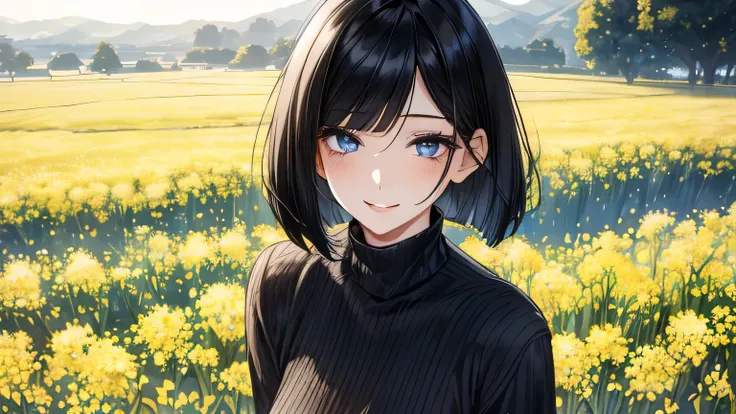 1 female、28 years old、Adult and realistic face、long face、beautiful hair, black hair、shortcut、bob cut、fine and beautiful eyes、big slanted eyes,　black eyelashes、 Are you okay、A big smile full of softness、light blue knit sweater、white long skirt、I&#39;菜の花畑にいる...