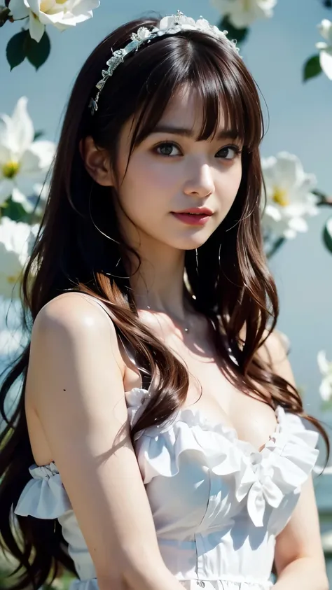 1 Nogizaka Musume、very cute、beautiful girl、19 years old、(gothic  fashion)、beautiful face, Exquisite details of eyes and skin、fine black shiny hair、Classy ruffles、frilled tie、ribbon tie、rose hair accessories、(smile at the camera)、(cowboy shot)、(sea of europ...