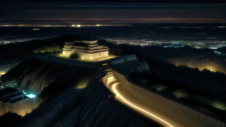 Aerial photo of Himeji Castle illuminated at night