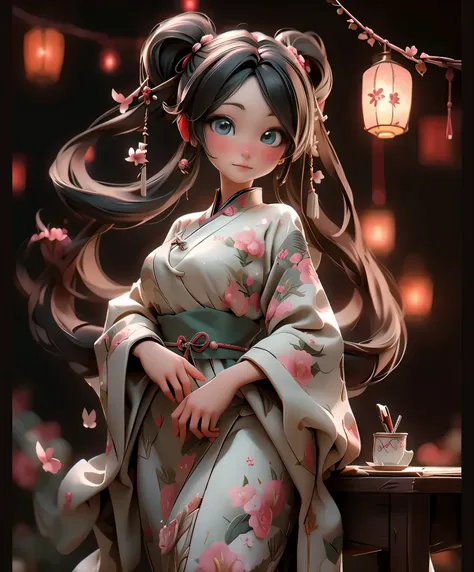 (masterpiece、highest quality、highest quality、official art、beautiful beautiful:1.2)、(1 girl:1.3)Hatsune Miku、twin tails,Photo of a beautiful girl in traditional Chinese dress looking at an ancient Chinese book under a lamp on a low table in an old walled ga...