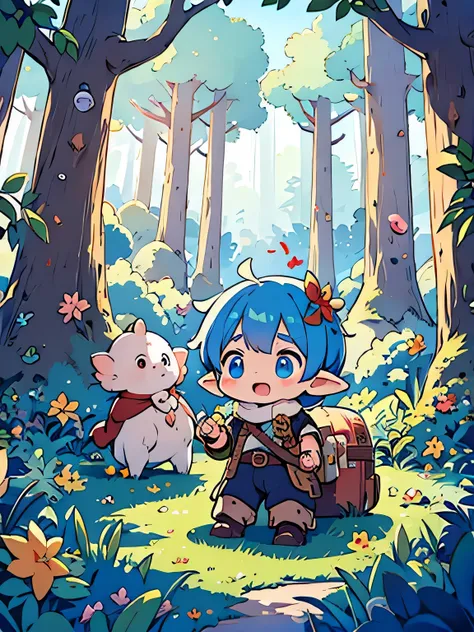 a blue hair、curious big-eyed three-year-old boy and elves playing in the dream world, create magical scenes, energetic and happy...