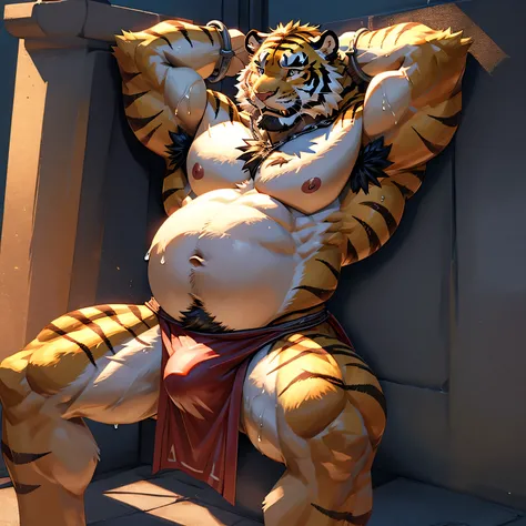 anime style illustration、very large golden tiger、crying tiger、High quality tiger face、Expression of pain、lots of tears、handcuffs、Hands in chains、arms raised above head、Raise your arms straight、Abdomen that looks pregnant、Abdomen swollen like a gigantic bal...