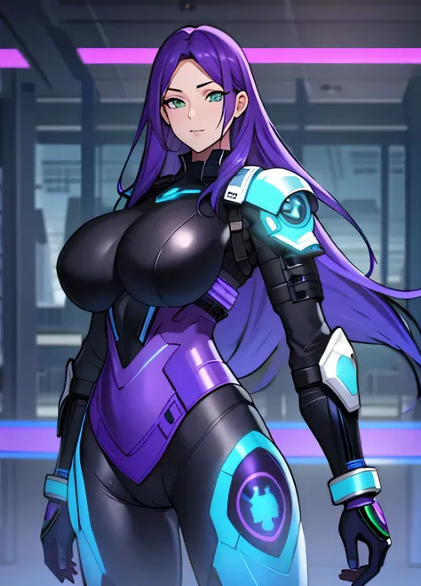 white sci-fi armor, purple blue hair,  green eyes, gigantic breasts, black pistol, solo, standing, ultra-detailed(best quality,highres:1.2), ultra-detailed eyes