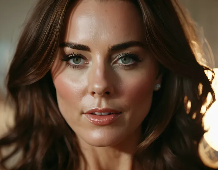 Kate Middleton cinematic film still realistic, photorealistic, award winning photo , Long Shot, aura of seduction and erotica, creating a mesmerizing spectacle as it flows down her face., oiled hair, in lingerie, cinematic shot + dynamic composition, incre...