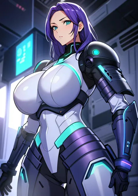 white sci-fi armor, purple blue hair,  green eyes, gigantic breasts, black pistol, solo, standing, ultra-detailed(best quality,highres:1.2), ultra-detailed eyes