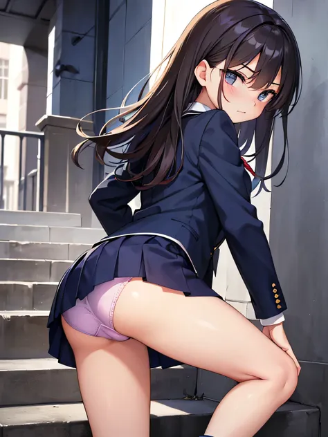 (masterpiece、highest quality、High resolution、realistic pictures、real looking skin:1.1)、 
(She is wearing a navy blue uniform blazer over a white blouse.、Wearing black loafers、bright red face:1.1)、 
1 girl、high school girl、18-year-old、alone、beautiful eyes、s...