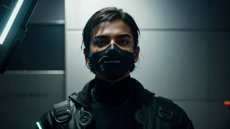 An Indian boy with a cyberpunk face mask and a futuristic appearance is positioned at the center of the artwork. The face mask should have vibrant colors and intricate details, seamlessly blending with the boys face. Additionally, emphasize the facial feat...