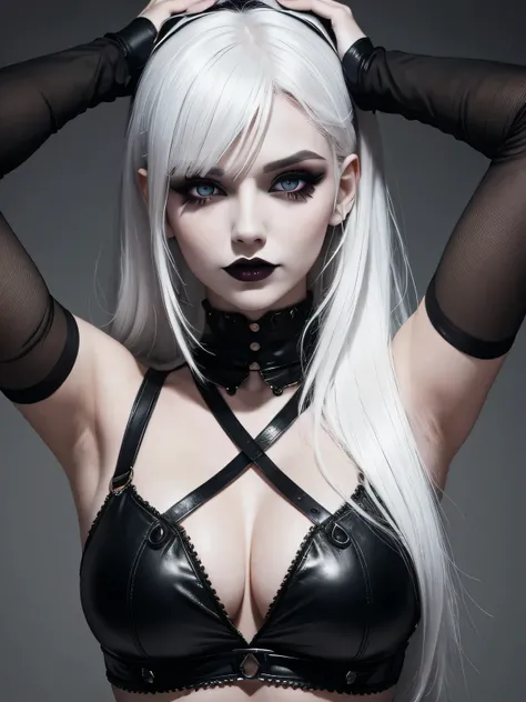 goth girl, white hair, heavy goth makeup, portrait, dark, cropped, armpit