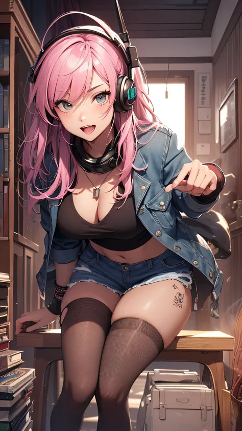 最high quality、best image quality、masterpiece、girl((20-year-old、 By becoming、vest bust、medium bust,wide open breast tea、shining eyes, neon hair、long hair、thin,highest valley、Damaged Denim Shorts、black navel shirt、Damaged Denim Jacket、smile、full body tattoo,...