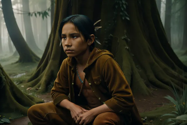 Fairytale Kingdom of Fantasia. ((((10-year-old)) Atreyu)), olive-green skin, athletic boy, brave, wise, in the Sadness Swamp, foggy, ((awe expression)). ((((suede indigenous clothings)))), ((bluish-black hairstyle))