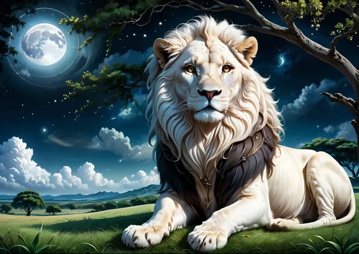 white male lion sitting on a wide grassland、white lion sitting under a big tree、big mane、brown eyes、i can see orion constellatio...