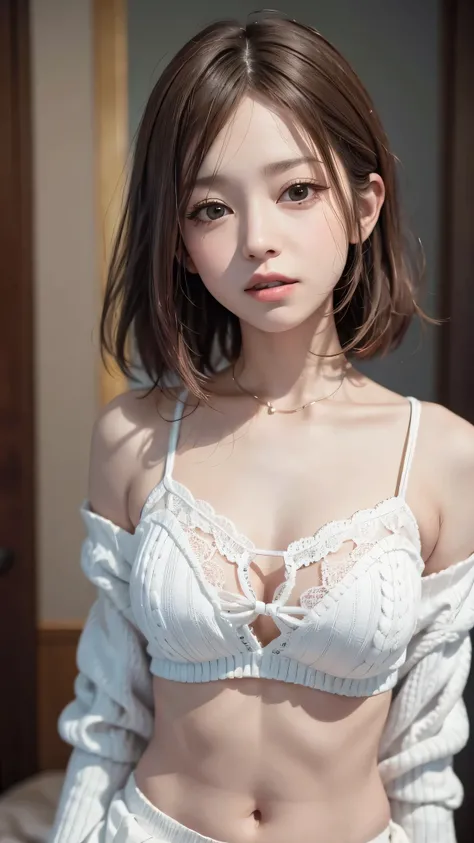 (close:1.4)、(RAW photo:1.2)、(realistic:1.4)、(masterpiece:1.3)、(highest quality:1.4)、young japanese woman、7 head and body、(cute:1.2)、(casual hairstyles:1.2)、(cleavage:1.2)、super detail face、eye for detail、double eyelid、Hug your chest with your arms、light br...