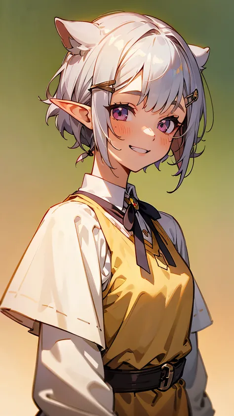 １girl、small breasts、angelic face, goblin, elf ears hair, Short hairstyles for silver hair and bob、Hair tied up in a bun with a hair clip、Shining pink round eyes, cute, yellow peasant tunic, Medieval, Medieval city background, bust portrait neck up, grin、Fr...