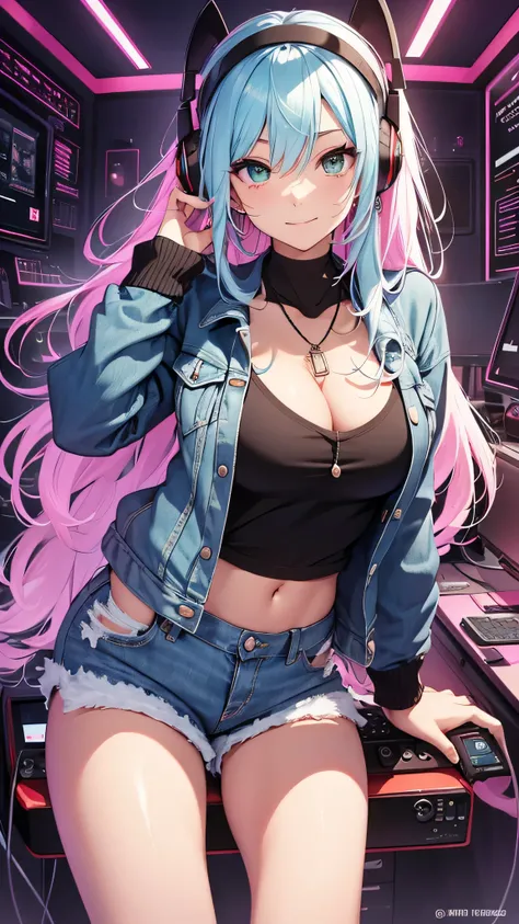 最high quality、best image quality、masterpiece、girl((20-year-old、 By becoming、vest bust、medium bust,wide open breast tea、shining eyes, neon hair、long hair、thin,highest valley、Damaged Denim Shorts、black navel shirt、Damaged Denim Jacket、smile、full body tattoo,...