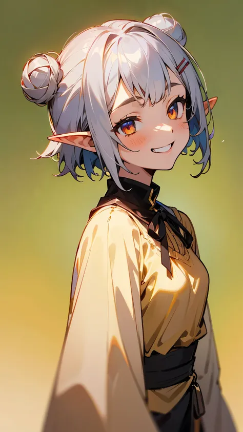 １girl、small breasts、angelic face, goblin, elf ears hair, short hairstyles for silver hair and bob、hair tied up in a bun with a h...