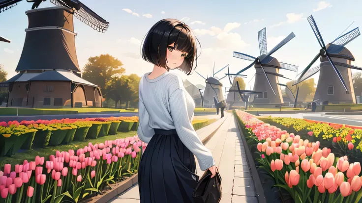 1 female、28 years old、beautiful hair, black hair、shortcut、bob cut、Rear view、Face turned away、can&#39;I can&#39;t see parts of the face、light blue knit sweater、white long skirt、brown boots、Park with tulips and Dutch windmills、1 femaleで歩いている