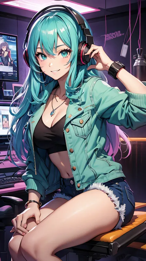 最high quality、best image quality、masterpiece、girl((20-year-old、 By becoming、vest bust、medium bust,wide open breast tea、shining eyes, neon hair、long hair、thin,highest valley、Damaged Denim Shorts、black navel shirt、Damaged Denim Jacket、smile、full body tattoo,...