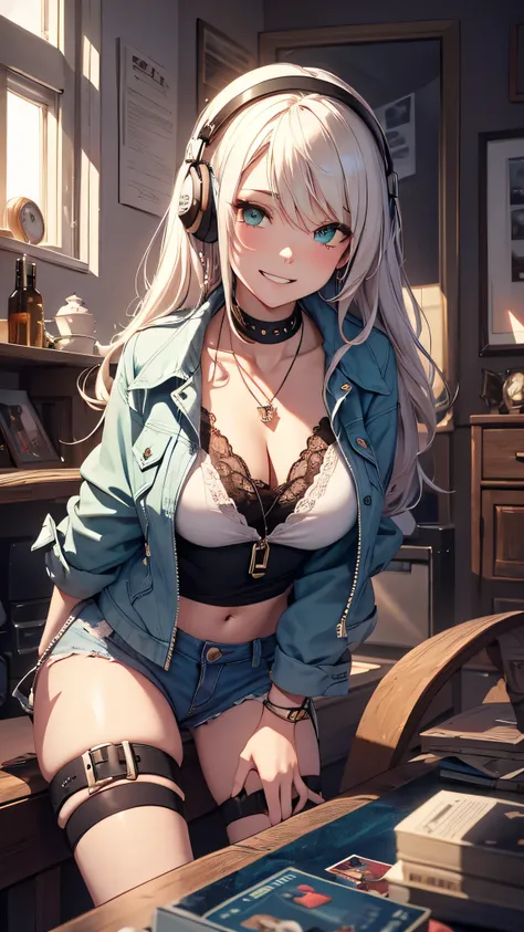 最high quality、best image quality、masterpiece、girl((20-year-old、 By becoming、vest bust、medium bust,wide open breast tea、shining eyes, neon hair、long hair、thin,highest valley、Damaged Denim Shorts、black navel shirt、Damaged Denim Jacket、smile、full body tattoo,...