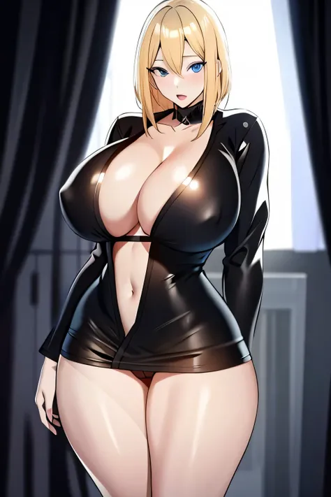 blonde hair, black colored dress, blue eyes, gigantic breasts, cleavage, bare legs, ultra-detailed(best quality,highres:1.2), ultra-detailed eyes