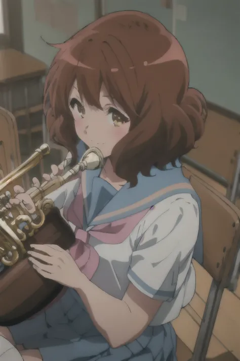 best quality, masterpiece, highres, solo, {oumae_kumiko_soundeuphonium:1.15}, brown_hair, short_hair, brown_eyes, blush, serafuku, bangs, closed_mouth, 1girl, blue_sailor_collar, holding_instrument, instrument, kitauji_high_school_uniform, sailor_collar, s...