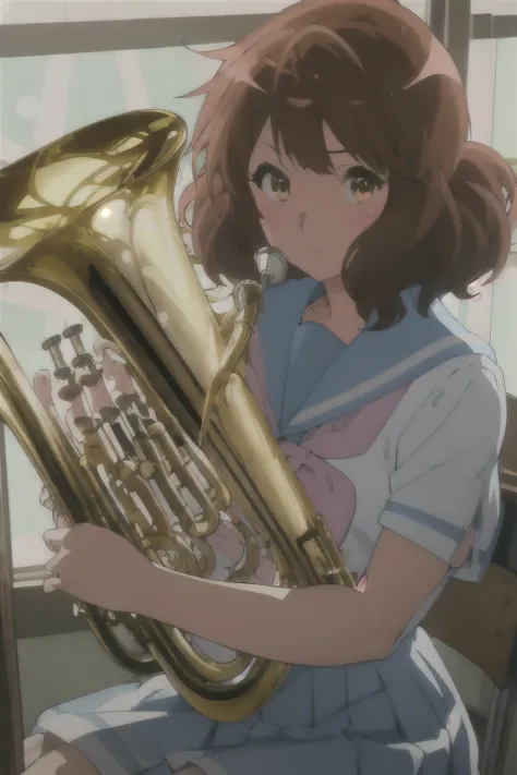 best quality, masterpiece, highres, solo, {oumae_kumiko_soundeuphonium:1.15}, brown_hair, short_hair, brown_eyes, blush, serafuku, bangs, closed_mouth, 1girl, blue_sailor_collar, holding_instrument, instrument, kitauji_high_school_uniform, sailor_collar, s...