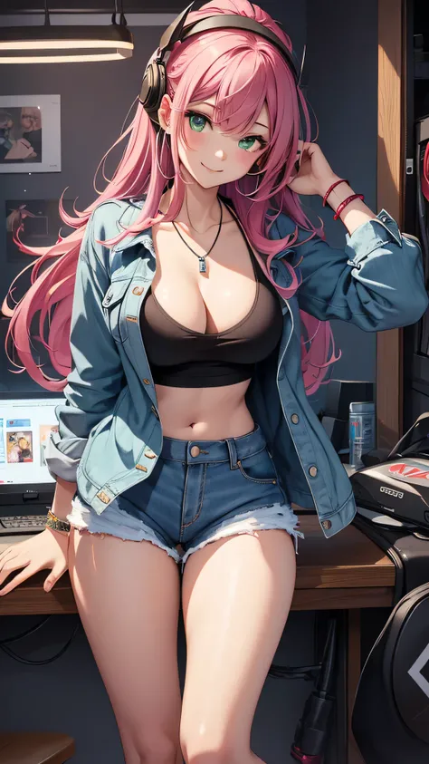 最high quality、best image quality、masterpiece、girl((20-year-old、 By becoming、vest bust、medium bust,wide open breast tea、shining eyes, neon hair、long hair、thin,highest valley、Damaged Denim Shorts、black navel shirt、Damaged Denim Jacket、smile、full body tattoo,...