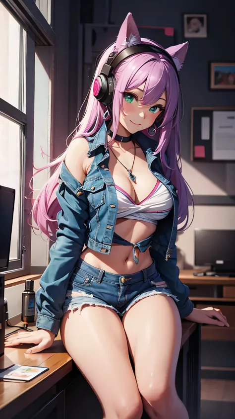 最high quality、best image quality、masterpiece、girl((20-year-old、 By becoming、vest bust、medium bust,wide open breast tea、shining eyes, neon hair、long hair、thin,highest valley、Damaged Denim Shorts、black navel shirt、Damaged Denim Jacket、smile、full body tattoo,...