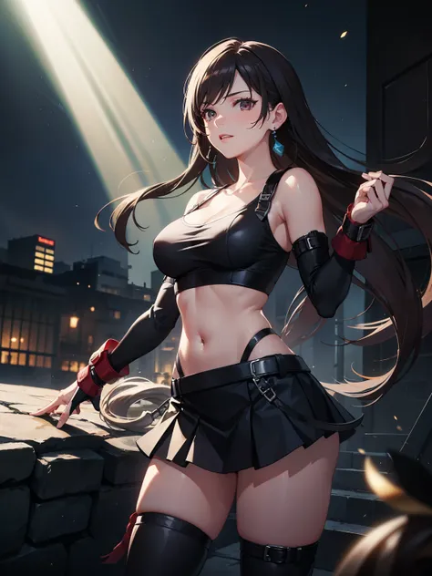 tifa lockhart, wallpaper, landscape, depth of field, night, light particles, light rays, sidelighting, thighs, fate (series), genshin impact, ****, skirt