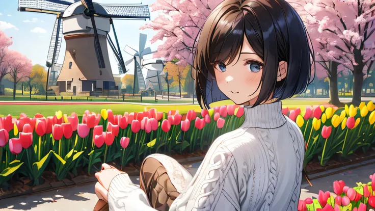 1 female、28 years old、beautiful hair, shortcut、bob cut、Rear view、face turned away from the camera、can&#39;I can&#39;t see parts of the face、light blue knit sweater、white long skirt、brown boots、Park with tulips and Dutch windmills、1 femaleで歩いている