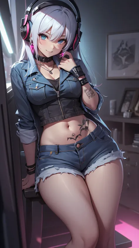 最high quality、best image quality、masterpiece、girl((20-year-old、 By becoming、vest bust、medium bust,wide open breast tea、shining eyes, neon hair、long hair、thin,highest valley、Damaged Denim Shorts、black navel shirt、Damaged Denim Jacket、smile、full body tattoo,...