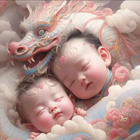 two babies are sleeping in a dragon shaped bed with clouds, yanjun chengt, chinese fantasy, chinese surrealism, dreamland of chi...