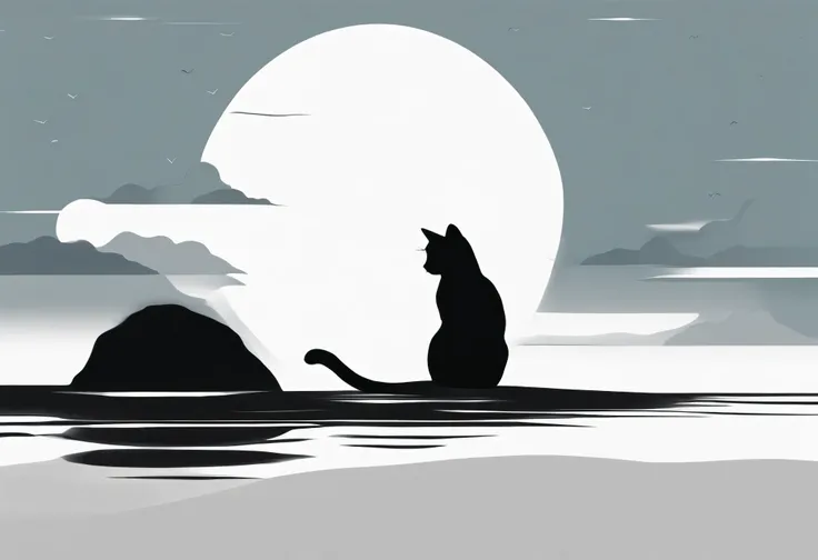 Summer sea and cat silhouette、Simple line art illustration、minimalism