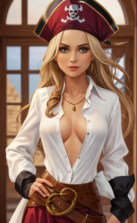 Female pirate, white silk shirt, deep v neck,