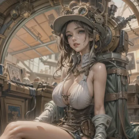 suggestive pose, random hair color, random eye color, Tenebrism art style painting,oil on canvas,(((huge big natural saggy breasts,very noticeable cameltoe))),steampunk airship background landscape,Complete Steampunk Clothes Intricade Details, WLOP, sakimi...